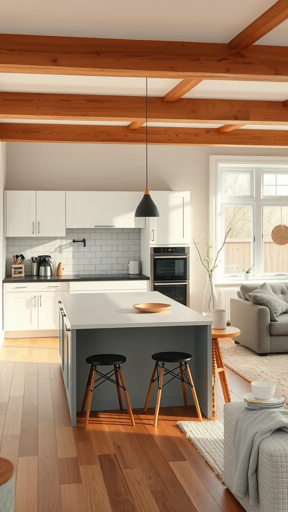 A modern kitchen with a large island, wooden beams, and a cozy living area.