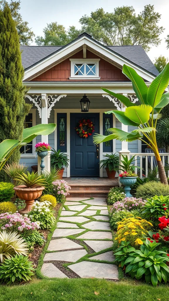 Beautifully landscaped front yard with colorful flowers, tropical plants, and a stone pathway leading to a charming home.