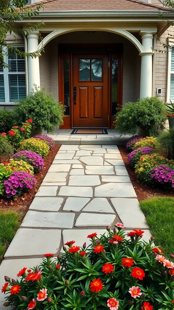 A stone pathway lined with colorful flowers leading to a wooden front door.