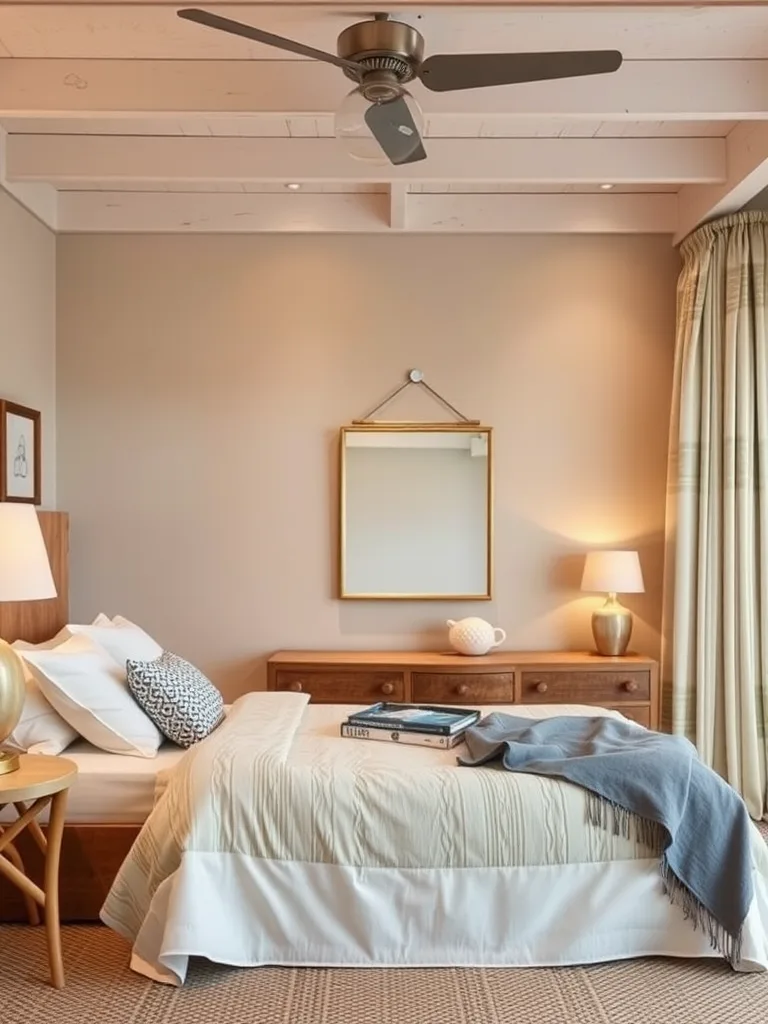 A cozy coastal bedroom with a neatly made bed, natural wood furniture, and soft lighting.