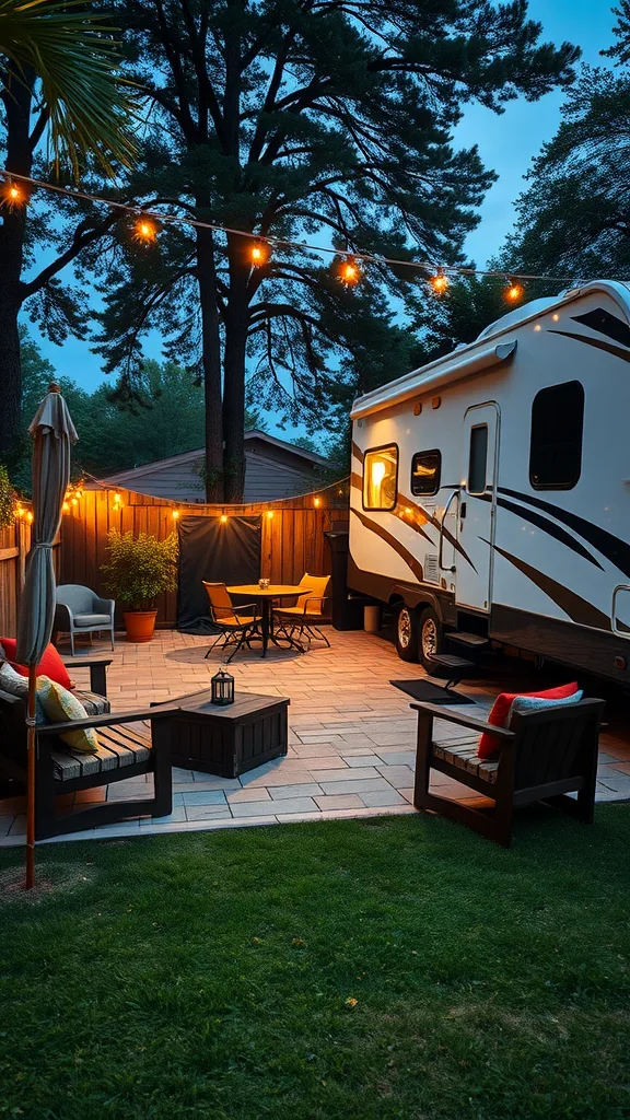 A cozy outdoor living space next to an RV, featuring string lights, comfortable seating, and a patio table.