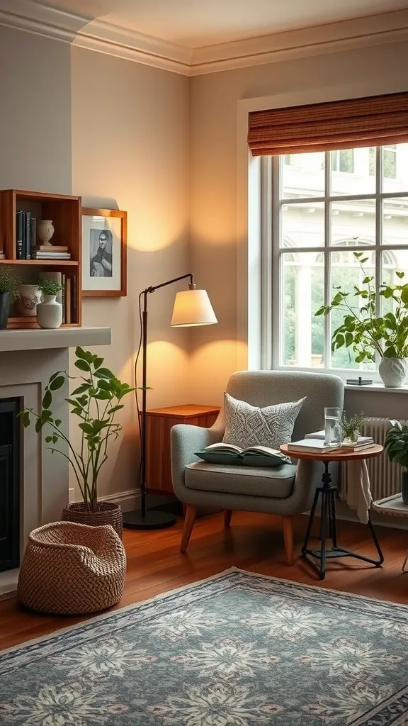 Cozy living room nook with a chair, plants, and decorative elements.