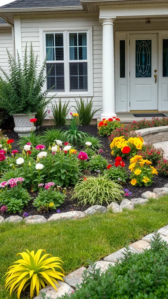 A vibrant front yard with colorful flowers and neatly defined garden beds.