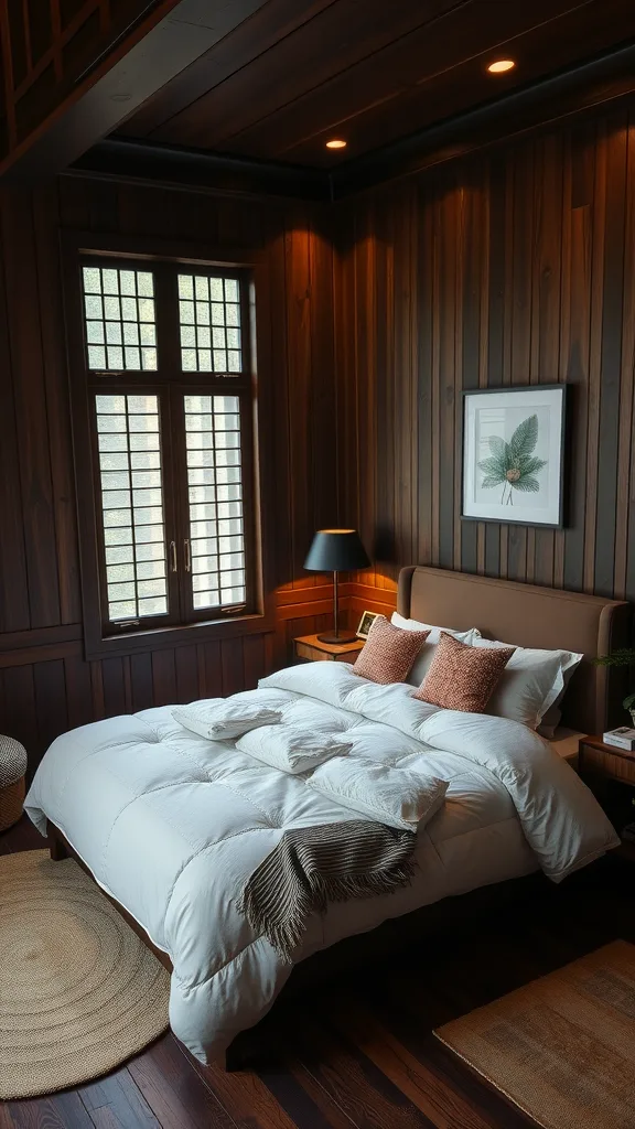 Cozy bedroom with dark wood panels, soft white bedding, and warm lighting.