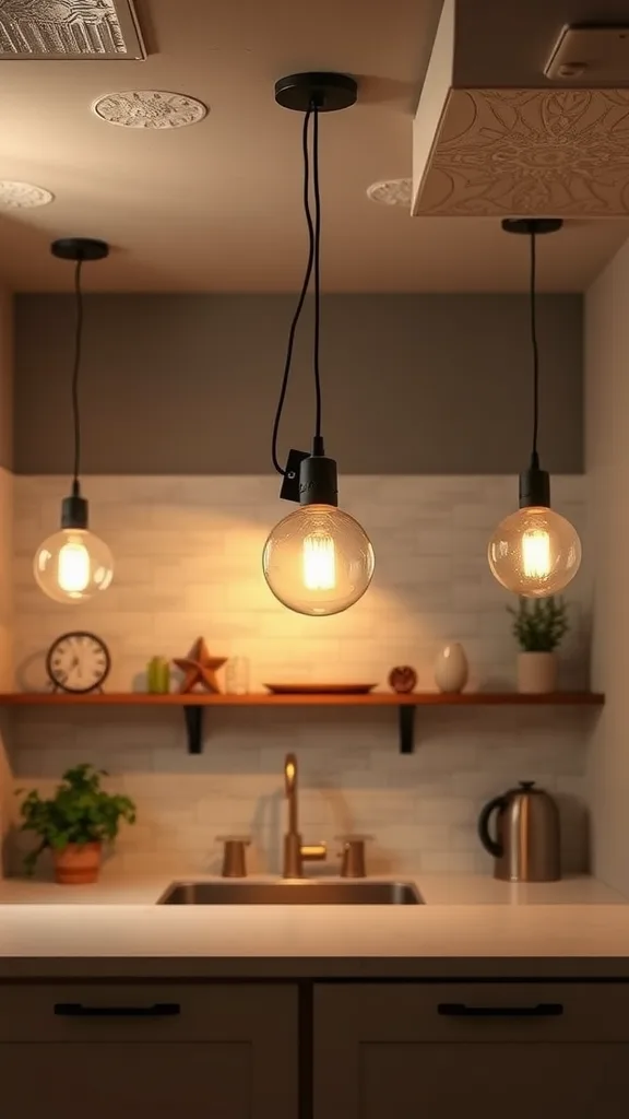 A cozy basement kitchenette with three pendant lights hanging above the countertop.