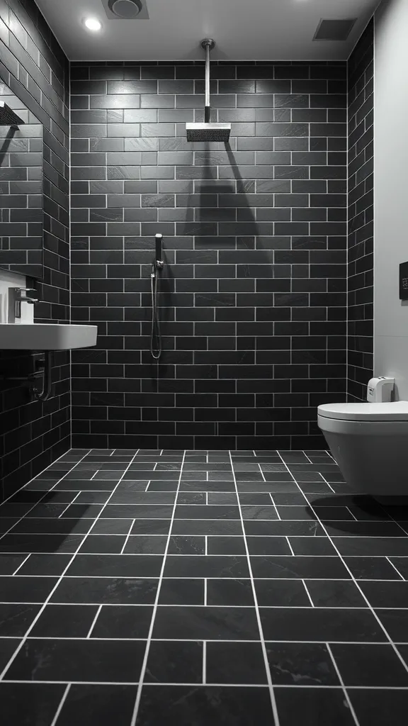 A modern black half bathroom featuring black tiles on the walls and floor