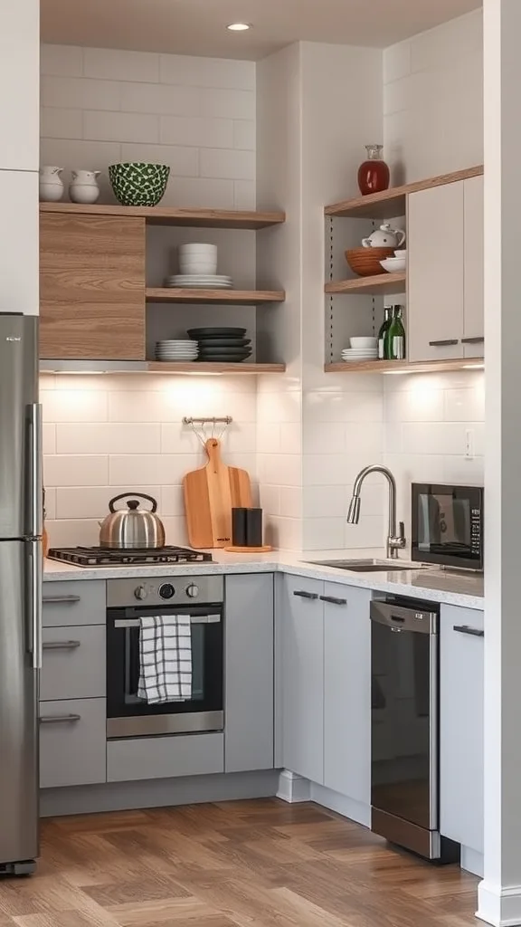 Modern kitchen with wooden shelves, gray cabinets, and stainless steel appliances.