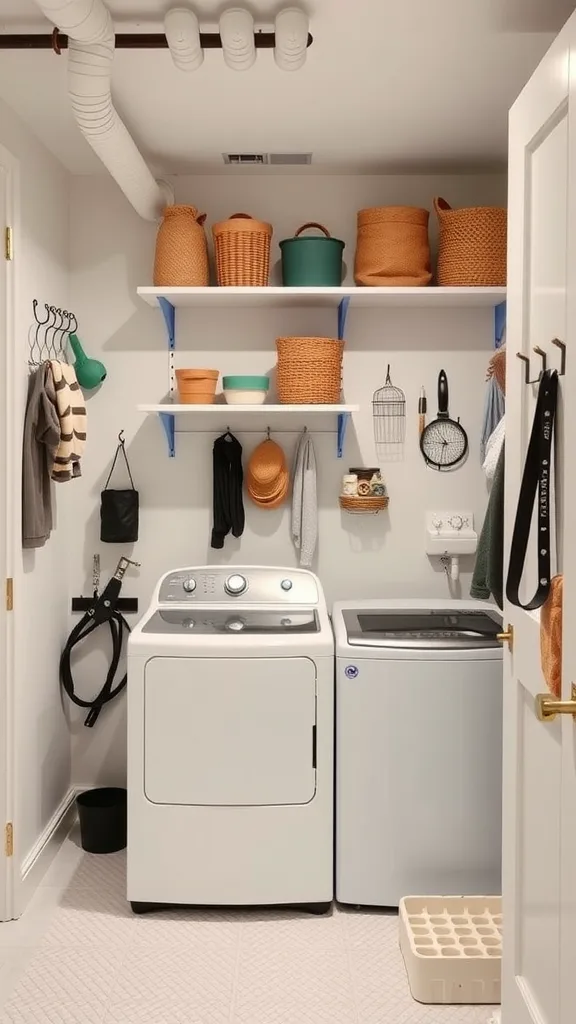 A well-organized basement laundry room featuring wall-mounted shelves with colorful baskets, hooks for hanging tools, and two washing machines.