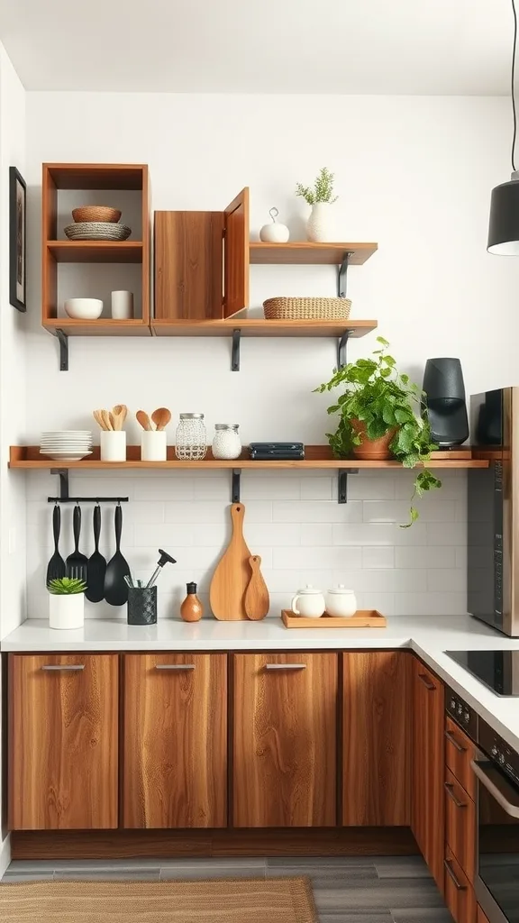 A stylish kitchen featuring open wooden shelves with decorative items and plants.