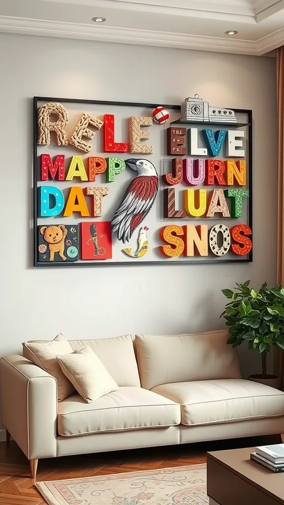 Colorful wall art installation featuring letters, animals, and playful icons in a living room setting.