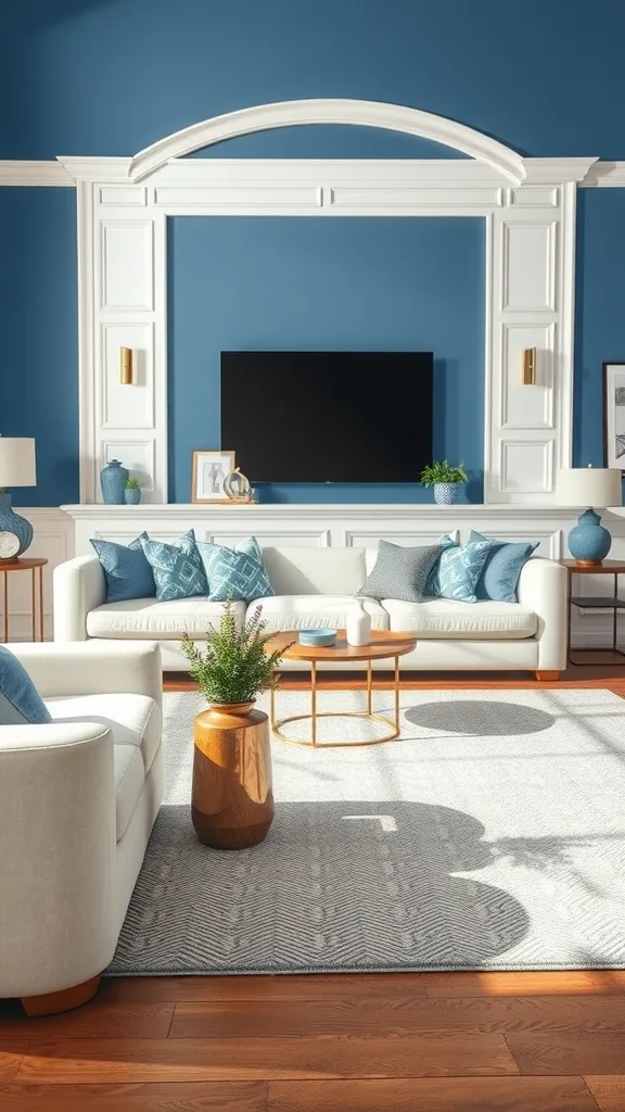 A stylish living room featuring white trim, blue walls, and gray accents.