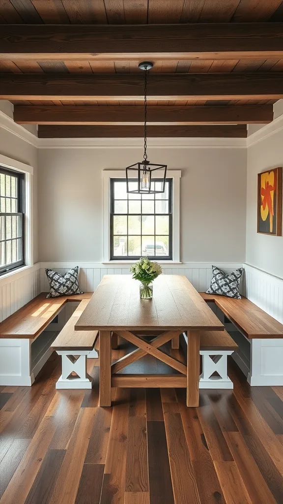 A farmhouse dining room featuring custom built-in benches and a wooden table.