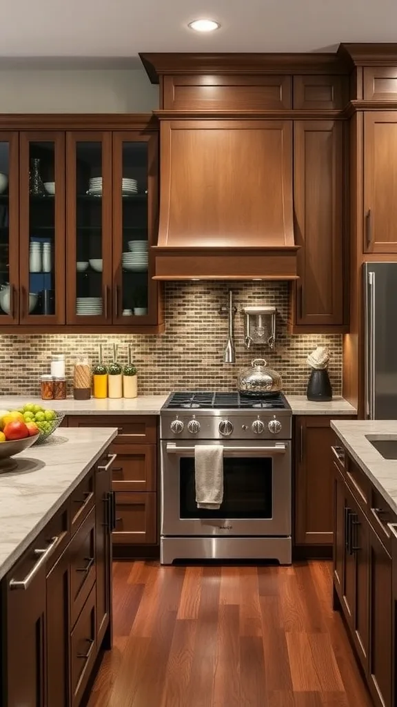 Modern kitchen with wooden custom cabinets and granite countertops