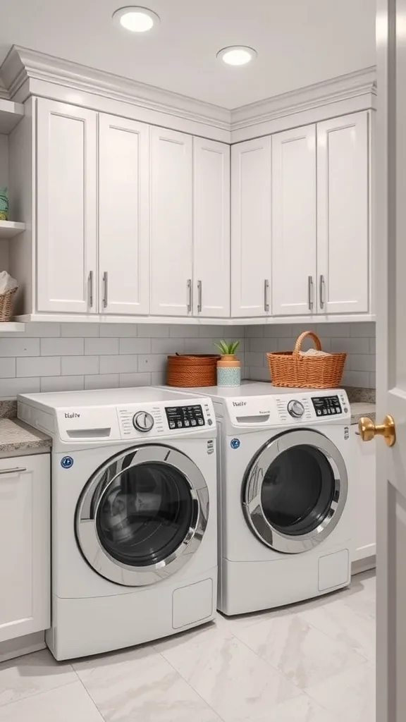 Modern laundry room with white cabinets, washer and dryer, and decorative baskets.