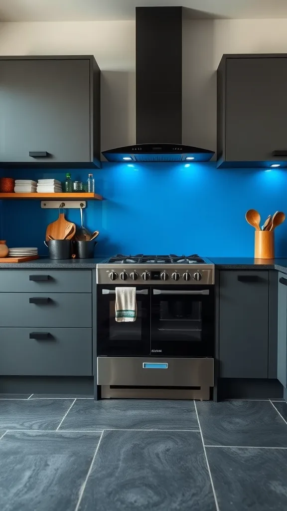 A modern kitchen featuring dark grey flooring and a vibrant blue splashback.