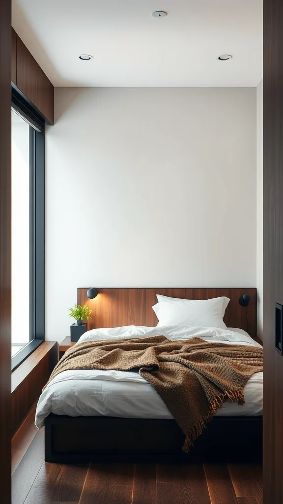 A cozy small bedroom featuring dark wood accents, a bed with soft bedding, and a large window.