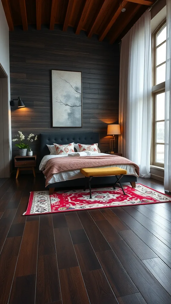 A cozy bedroom featuring dark wood flooring and a vibrant area rug.