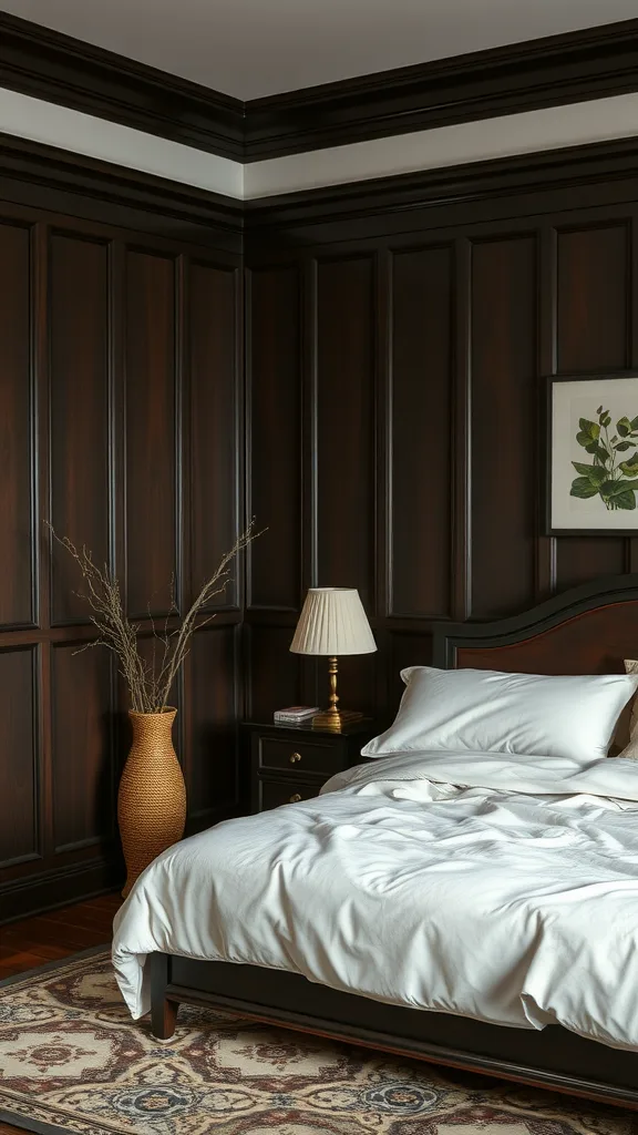 A cozy bedroom featuring dark wood paneling, a white bed with soft bedding, a bedside lamp, and a decorative vase.