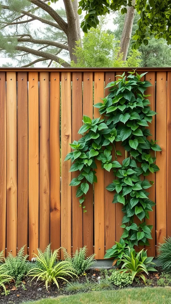 A wooden decorative fence with climbing plants in a front yard.