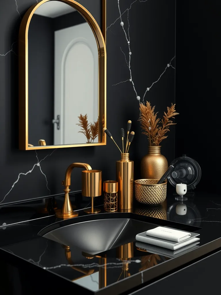 A stylish black and gold bathroom with a gold mirror, faucet, and decorative accessories.