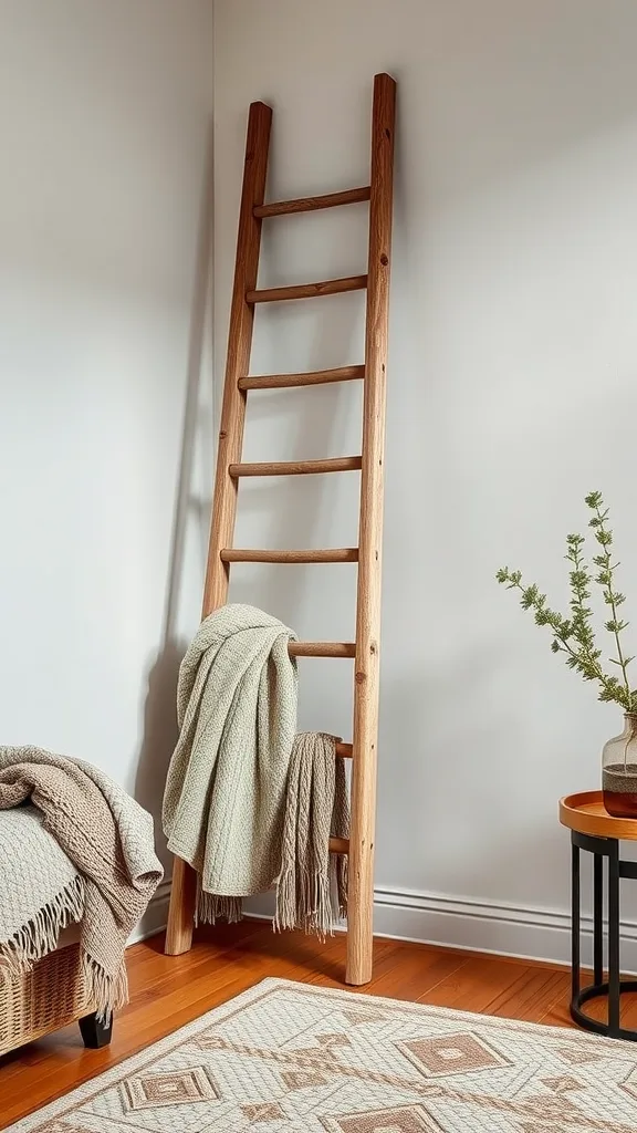 Wooden decorative ladder with throws in a living room corner.