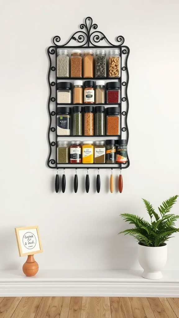 A decorative spice rack made of black metal displaying various spices and utensils, with a framed inspirational quote and a potted plant nearby.