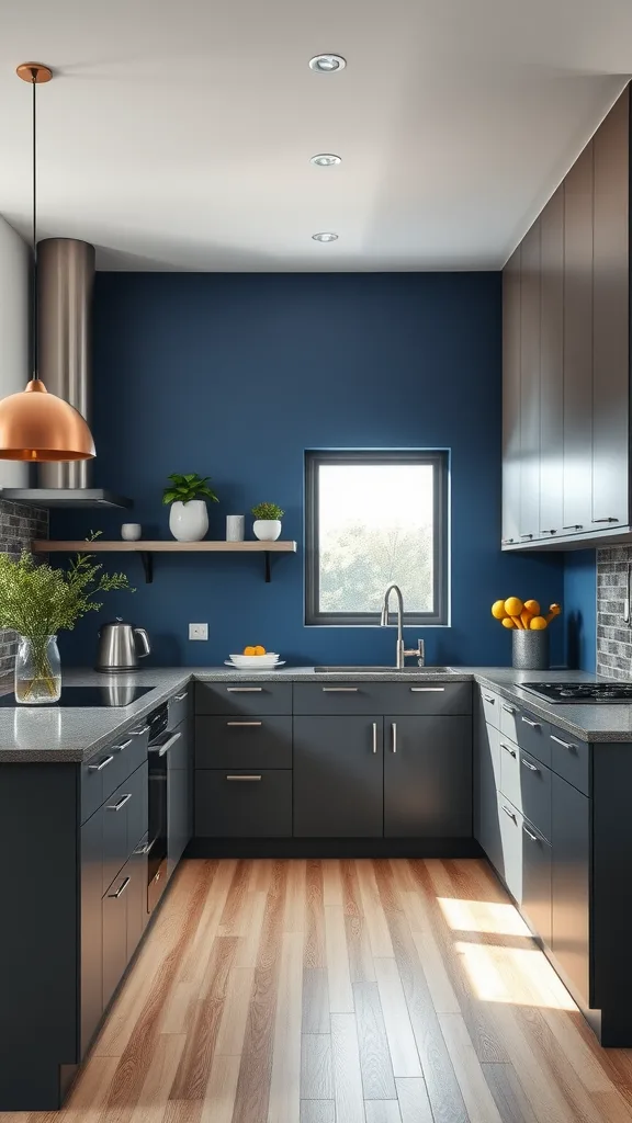 A modern grey kitchen featuring a deep blue accent wall with wooden flooring.