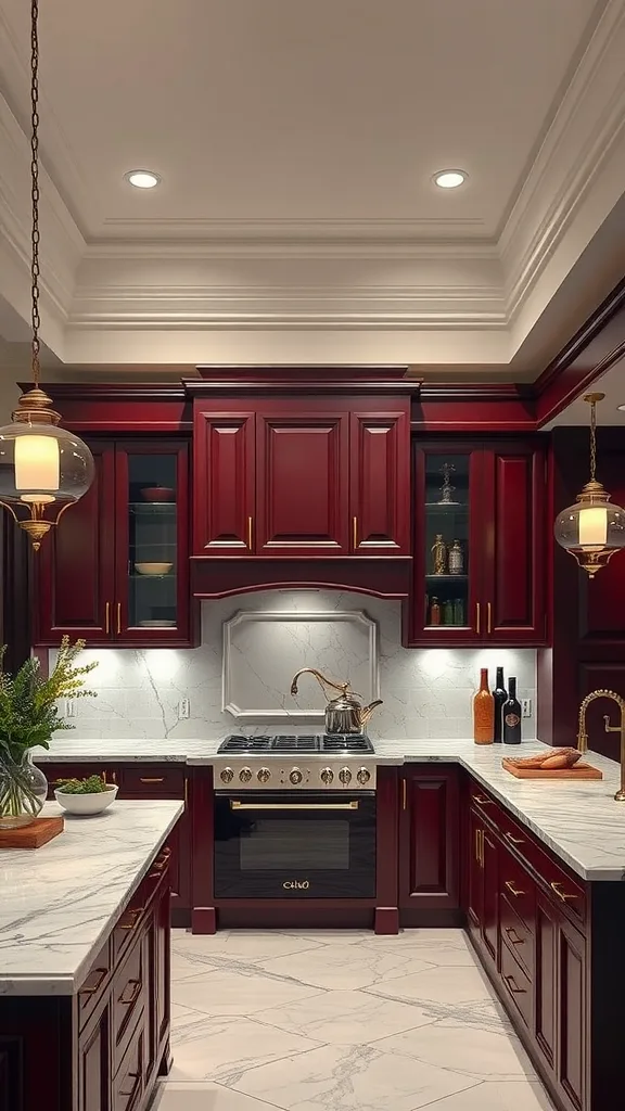 A luxurious kitchen featuring deep burgundy cabinets, marble countertops, and stylish lighting.