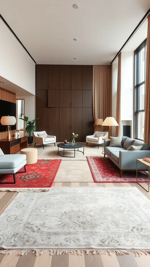 A long narrow living room with different area rugs defining zones, featuring red and light-colored rugs, modern furniture, and large windows.