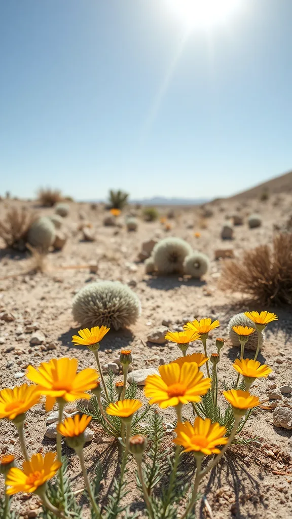 Close-up of desert marigold flowers in a desert landscape under bright sunlight.