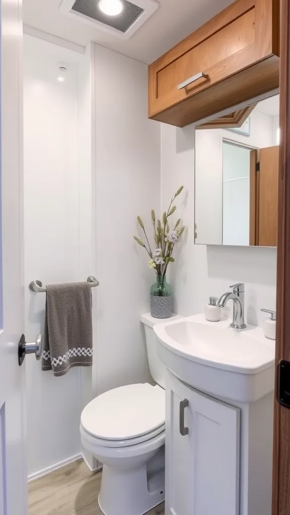 Modern RV bathroom with a shower, toilet, and stylish cabinets