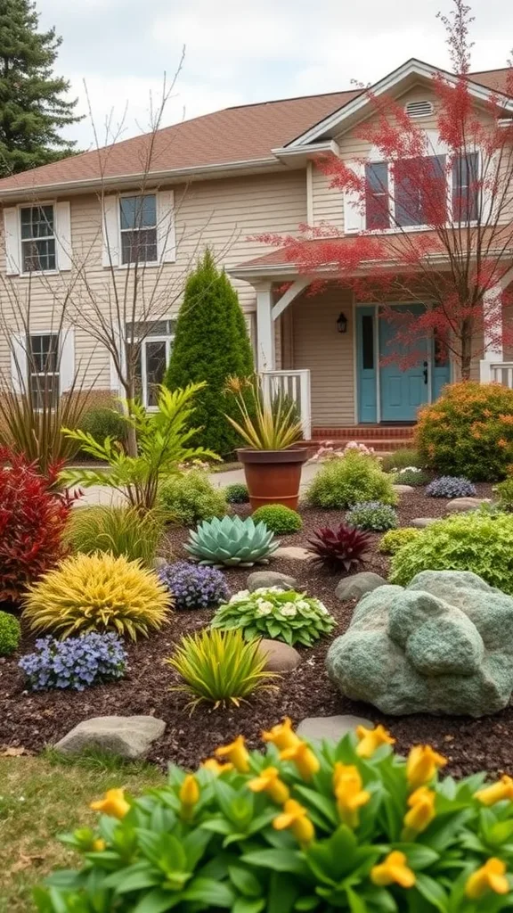 Colorful front yard landscaping featuring a variety of plants and decorative stones