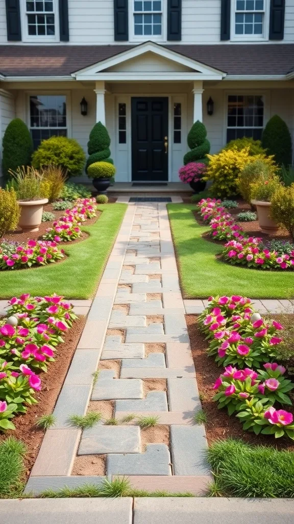 Symmetrical front yard landscaping with colorful flowers, shrubs, and a stone pathway leading to the entrance.