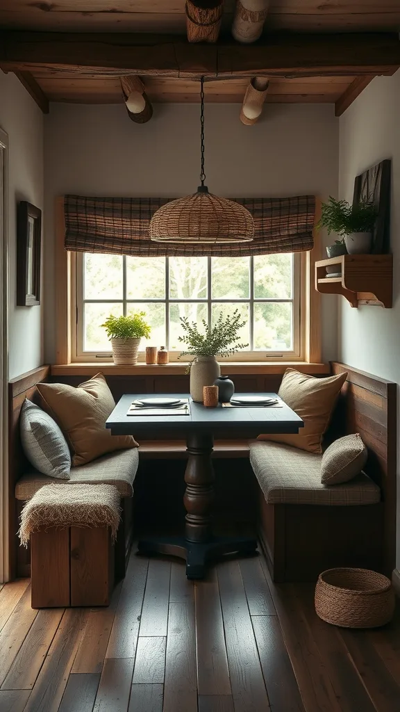 Cozy farmhouse dining nook with wooden accents, soft cushions, and natural light.