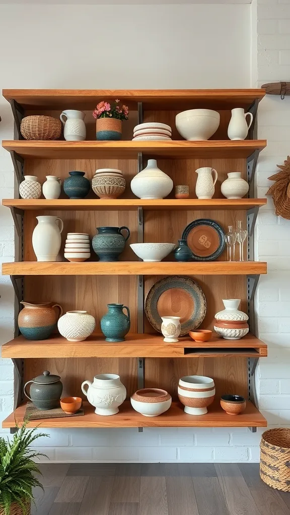 Open shelving displaying various handmade pottery pieces in a kitchen setting.