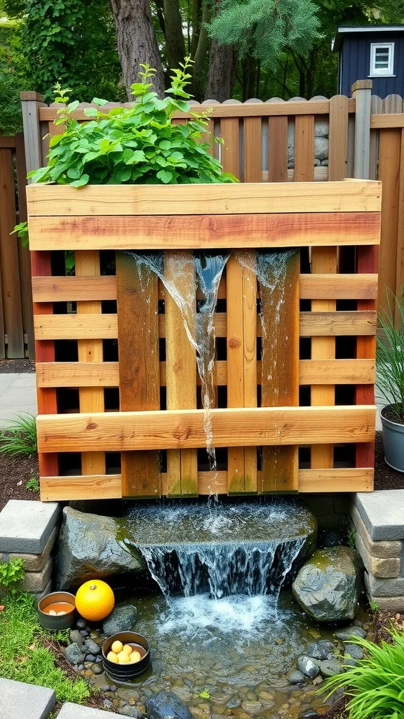 A DIY pallet waterfall with water flowing down a wooden structure, surrounded by rocks and plants.