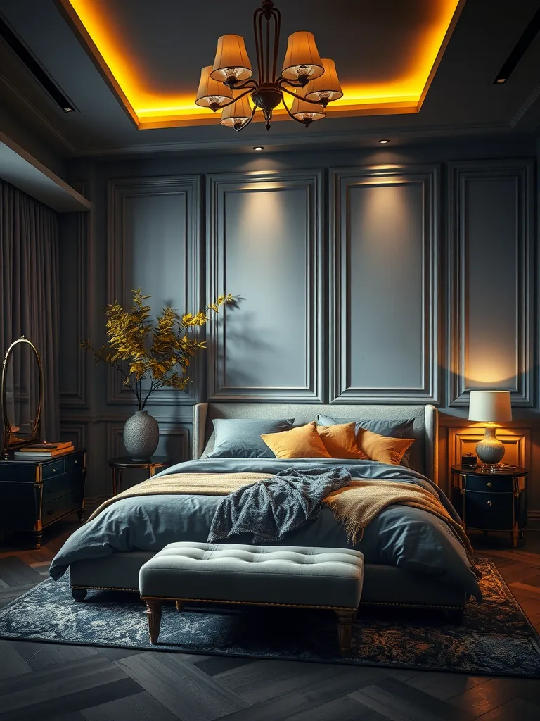 A beautifully designed bedroom featuring grey walls, yellow accents, and dramatic lighting.