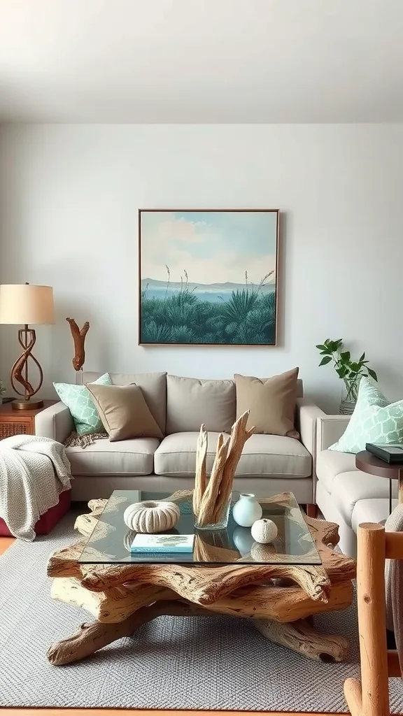 A neutral coastal living room featuring a driftwood coffee table, soft beige sofa, and green plant accents.