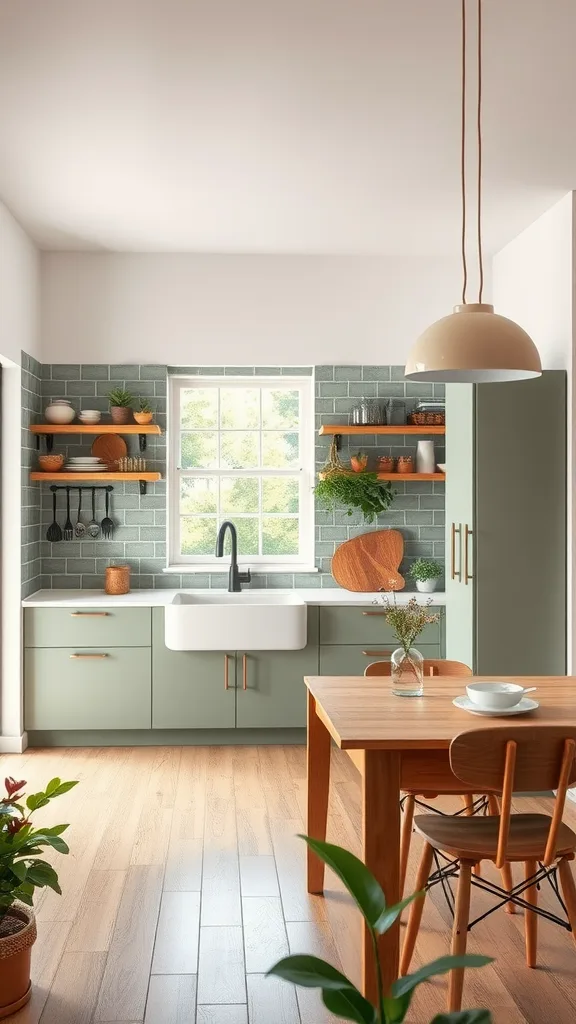 A modern kitchen with earthy colors featuring green cabinetry, wooden shelves, and a large window.