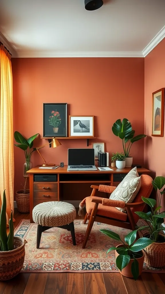 A cozy home office with terracotta walls, wooden furniture, and plants, featuring a warm color palette.