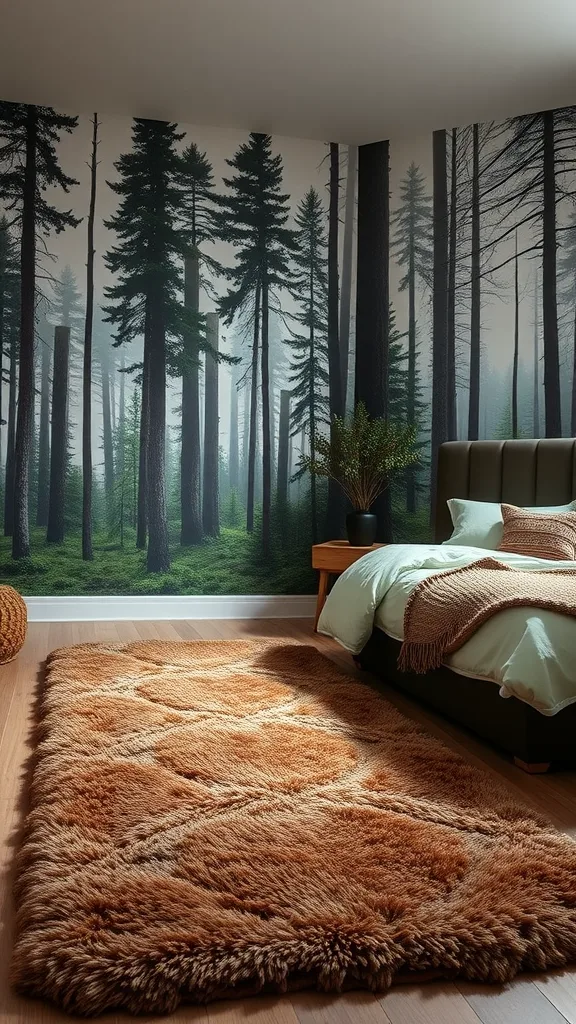 A cozy bedroom featuring a plush brown floor rug, forest-themed wallpaper, and a serene atmosphere.