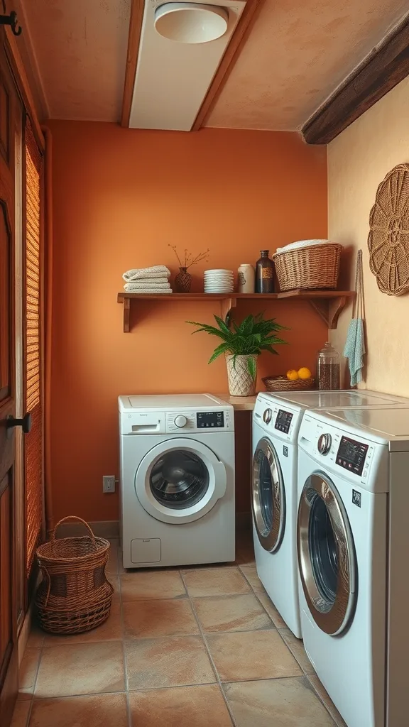 Laundry room with terracotta walls, white appliances, and natural decor.