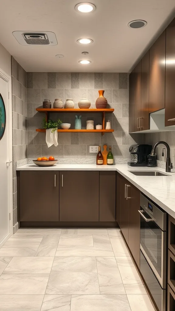 A modern basement kitchenette featuring a sleek design with easy-to-clean surfaces, including a light countertop, dark cabinetry, and large floor tiles.