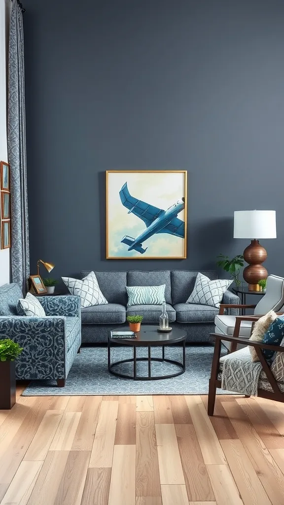 A stylish living room with a mix of blue and gray patterns featuring a floral couch, geometric pillows, and a modern coffee table.