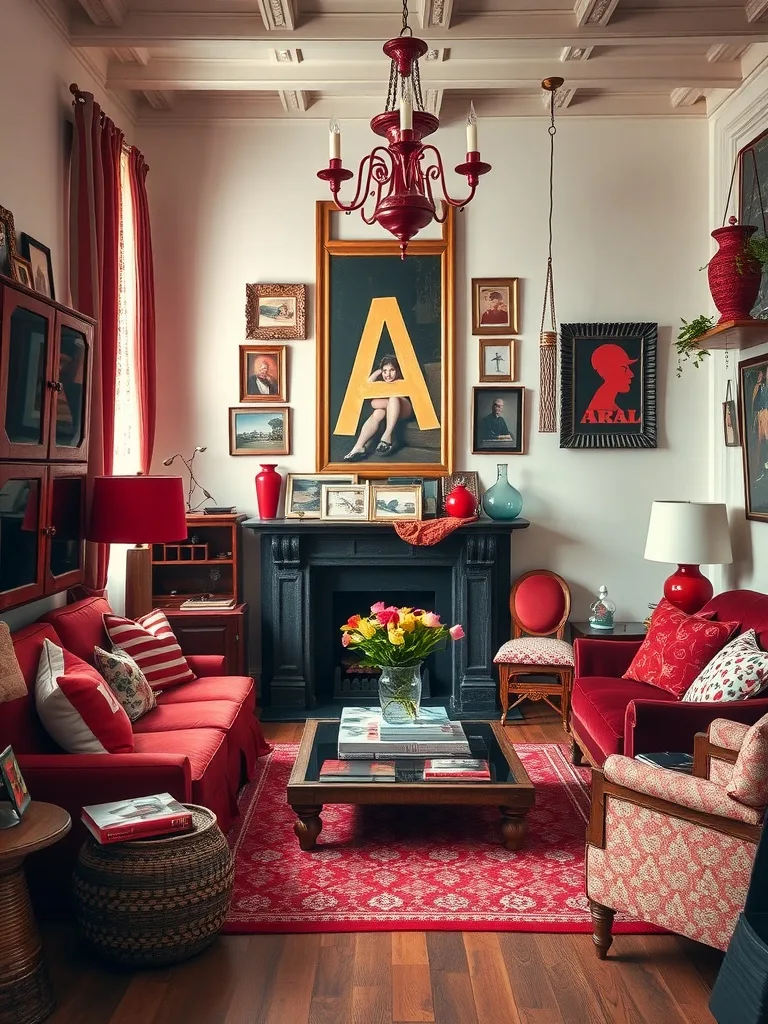 An eclectic red living room featuring a mix of furniture styles and decorative items.