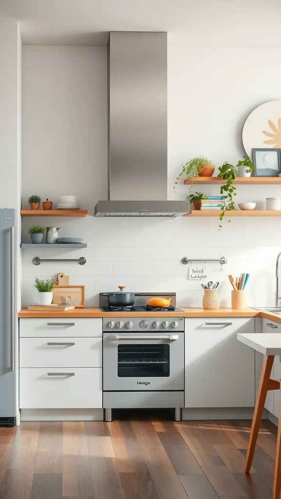 A modern kitchen featuring eco-friendly appliances, open shelving with plants, and a warm wooden countertop.