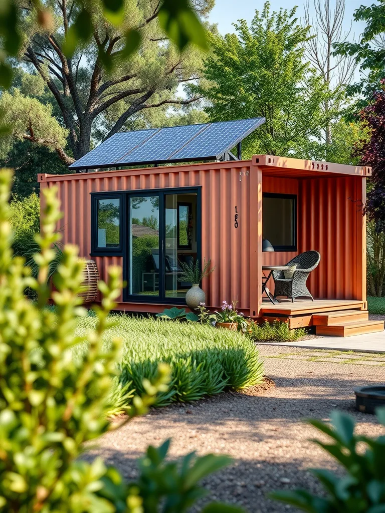 Eco-friendly shipping container home with solar panels surrounded by greenery.