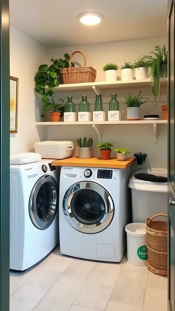 A bright and stylish basement laundry room featuring a washing machine, dryer, and plenty of indoor plants