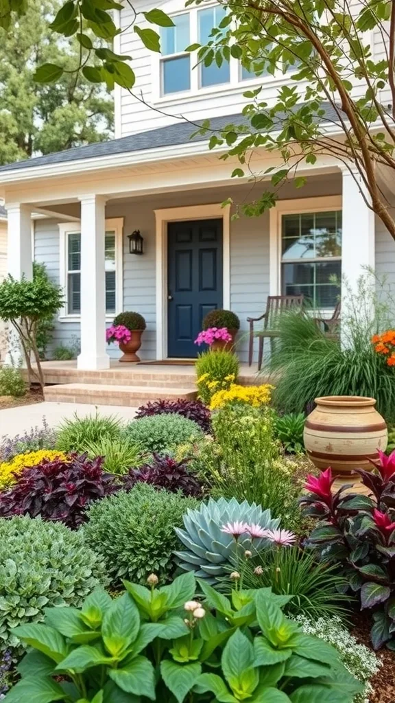 A beautifully landscaped front yard featuring colorful flowers and lush greenery.