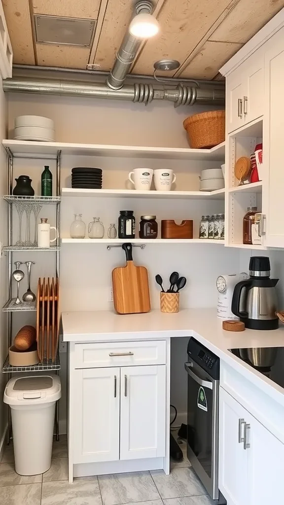 A compact basement kitchenette with white cabinets, open shelves, and organized storage solutions.